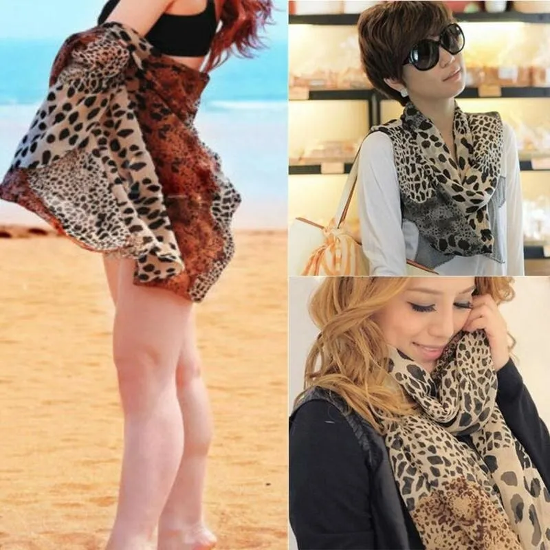 Fashion Leopard Scarf New Korean Fashion Chiffon Scarf Wrap Shawl Stole Scarves Wraps For Women Elegant Long Neck Large Scarf