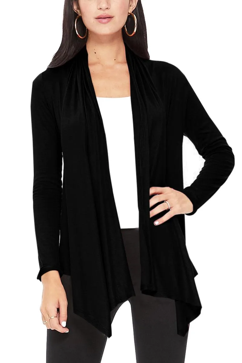 FashionJOA Long Sleeve Relaxed Fit Draped Neck Open Front Solid Cardigan