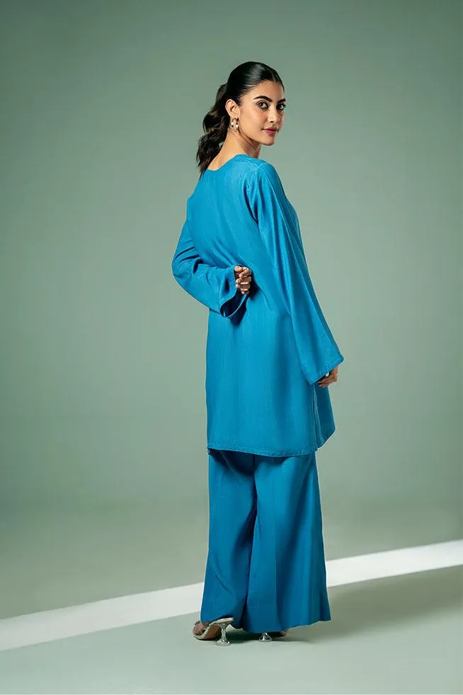 FOZIA KHALID  - Cyan Blue Co-ord Set - PK Silk - 2 Piece