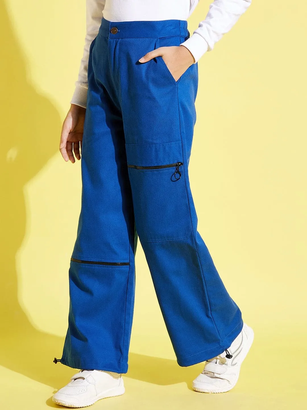 Girls Blue Pull Hem Twill Joggers