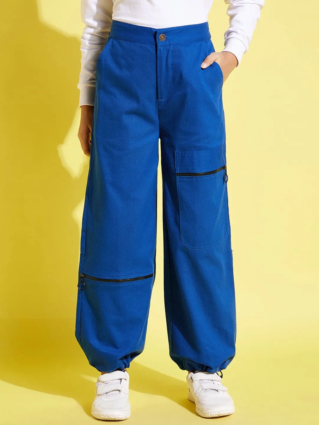 Girls Blue Pull Hem Twill Joggers