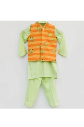 Green Kurta With Orange Frog Printed Jacket Set