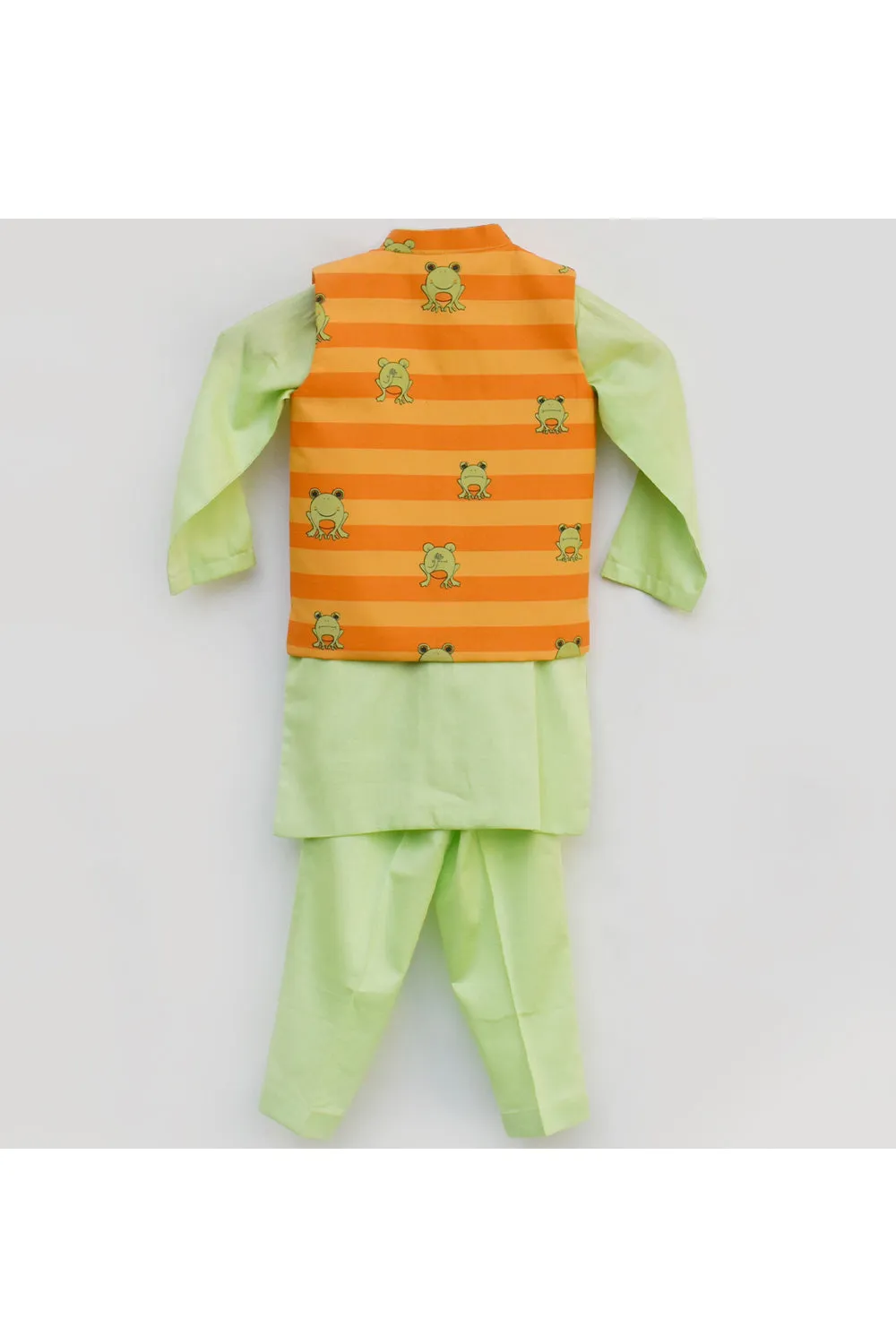 Green Kurta With Orange Frog Printed Jacket Set