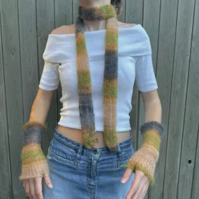 Handmade knitted mohair skinny scarf in ombré earth tones