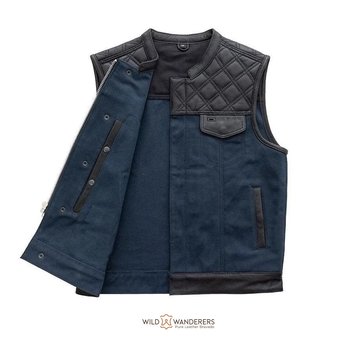 Hunt Club Blue Men's Biker Leather/Canvas Vest