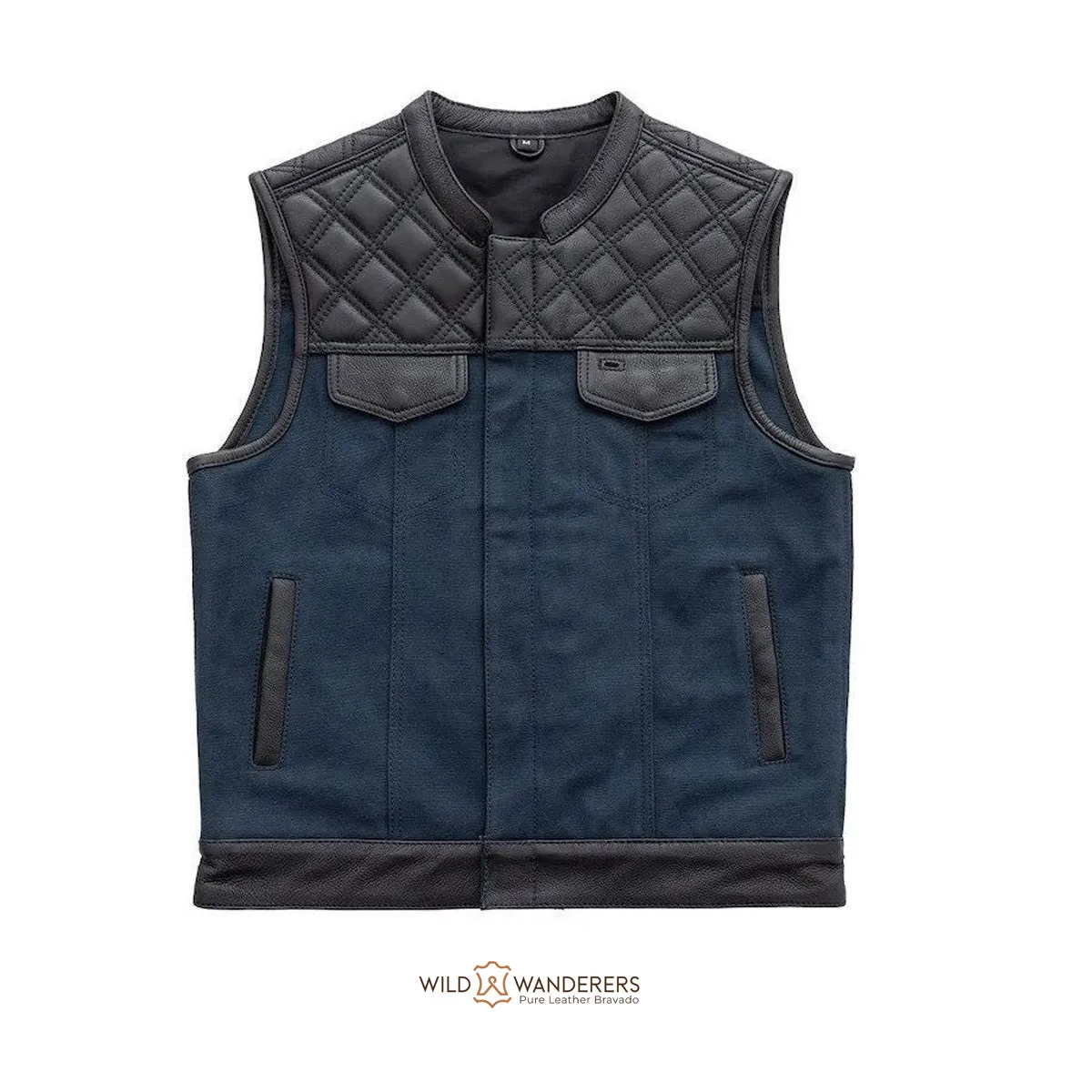 Hunt Club Blue Men's Biker Leather/Canvas Vest