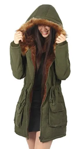 iLoveSIA Womens Hooded Coat Faux Fur Lined Jacket Arm Green 12