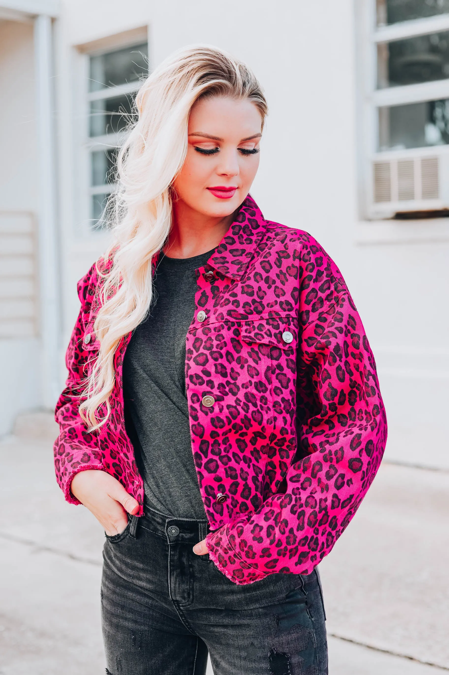 Instinctively Leopard Crop Denim Jacket - Pink