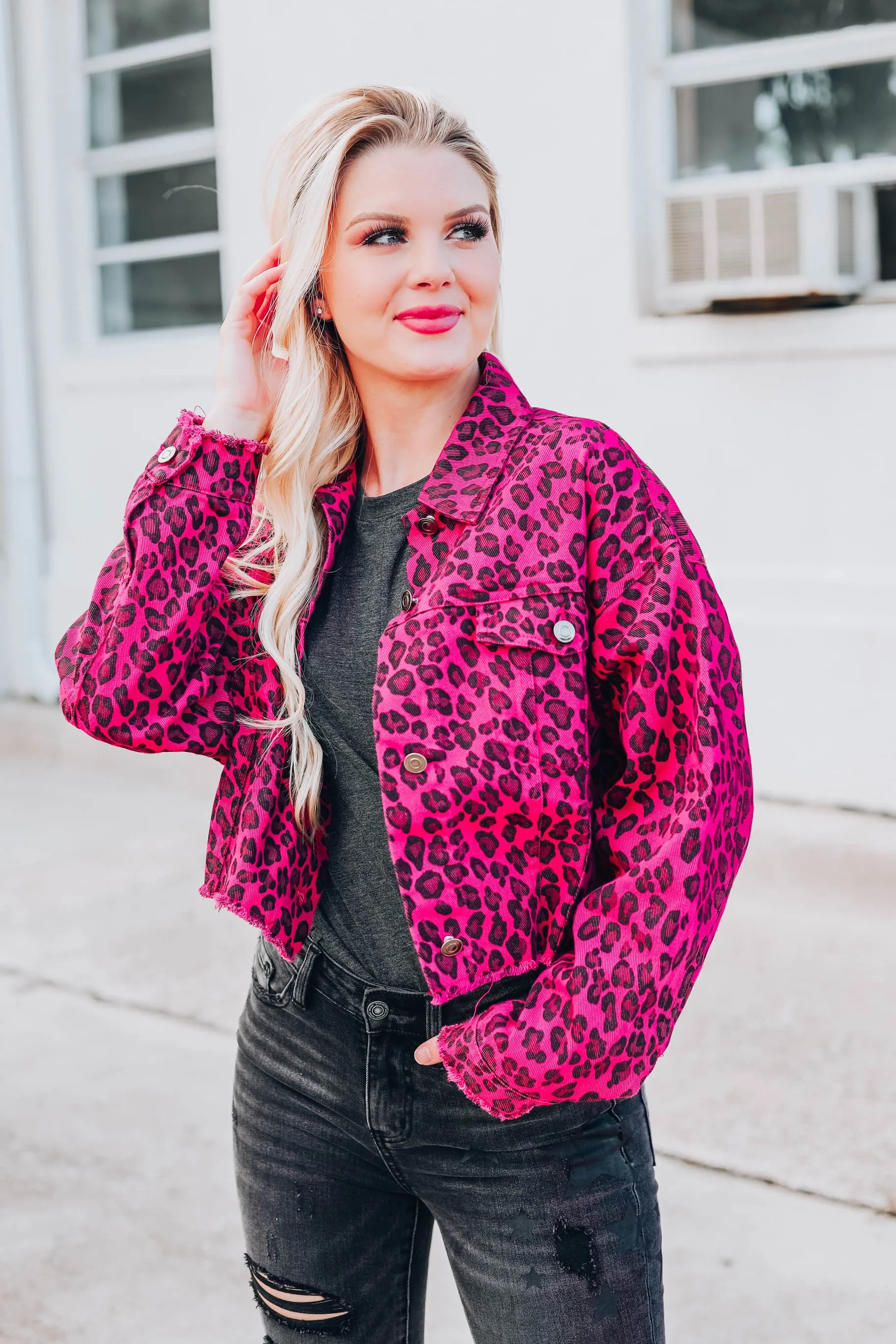 Instinctively Leopard Crop Denim Jacket - Pink