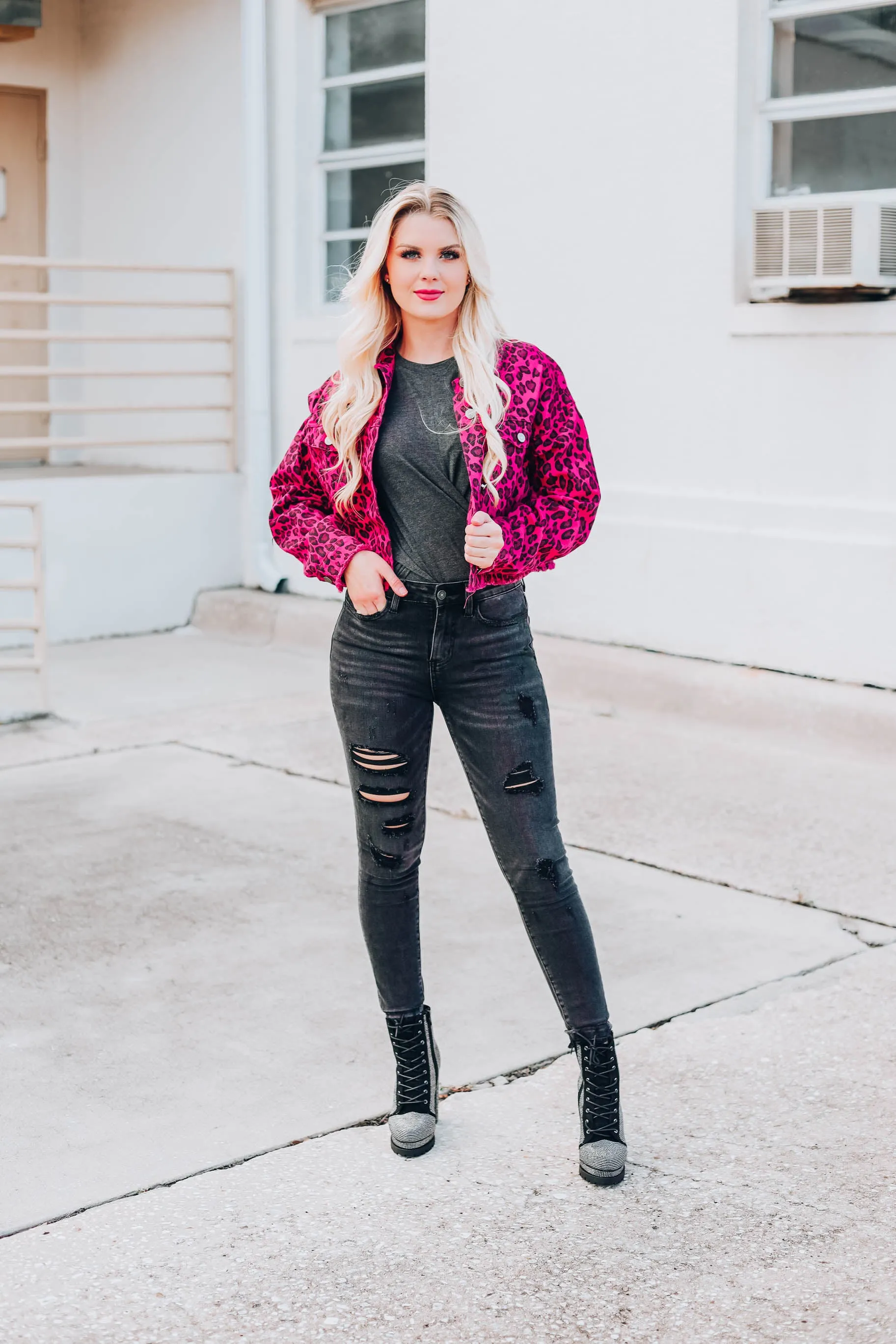 Instinctively Leopard Crop Denim Jacket - Pink