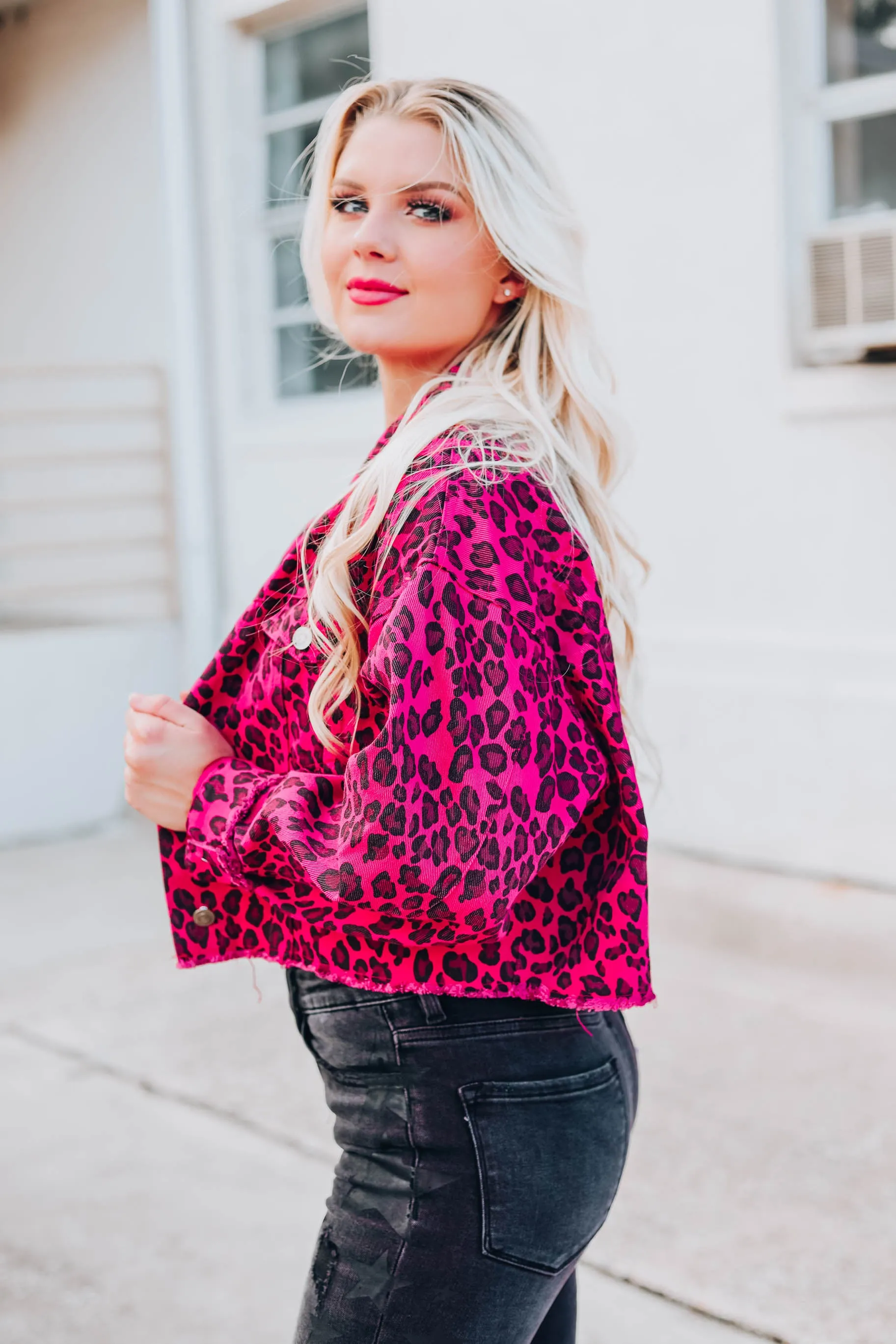 Instinctively Leopard Crop Denim Jacket - Pink