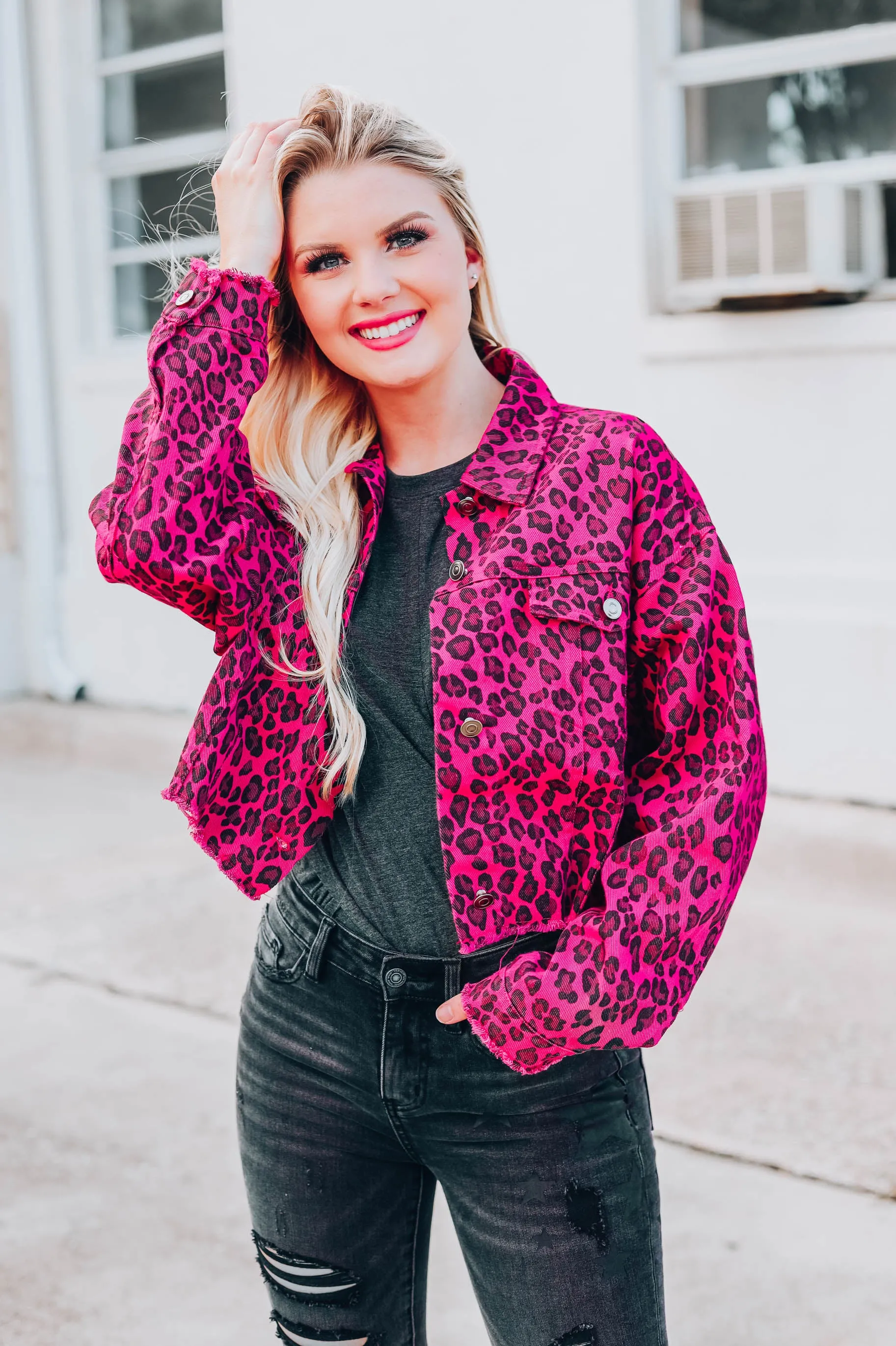 Instinctively Leopard Crop Denim Jacket - Pink