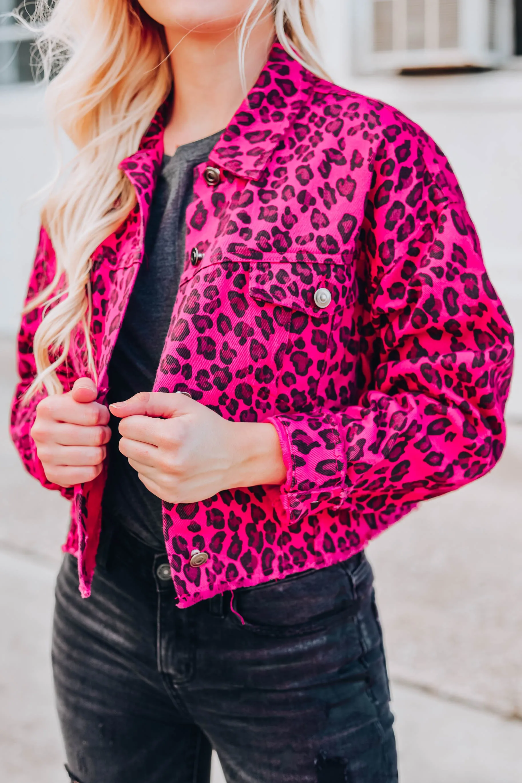 Instinctively Leopard Crop Denim Jacket - Pink