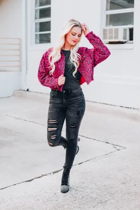 Instinctively Leopard Crop Denim Jacket - Pink