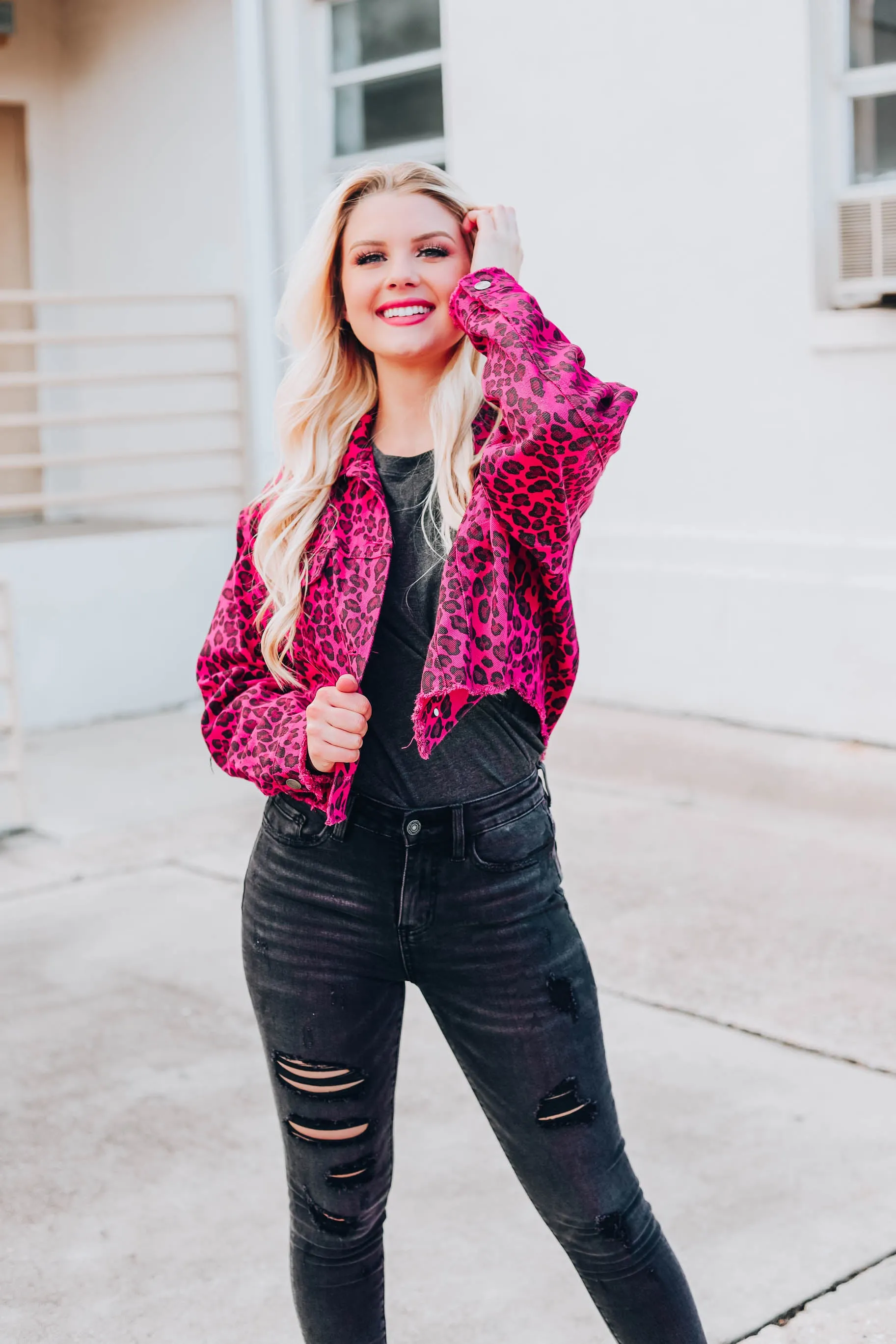 Instinctively Leopard Crop Denim Jacket - Pink