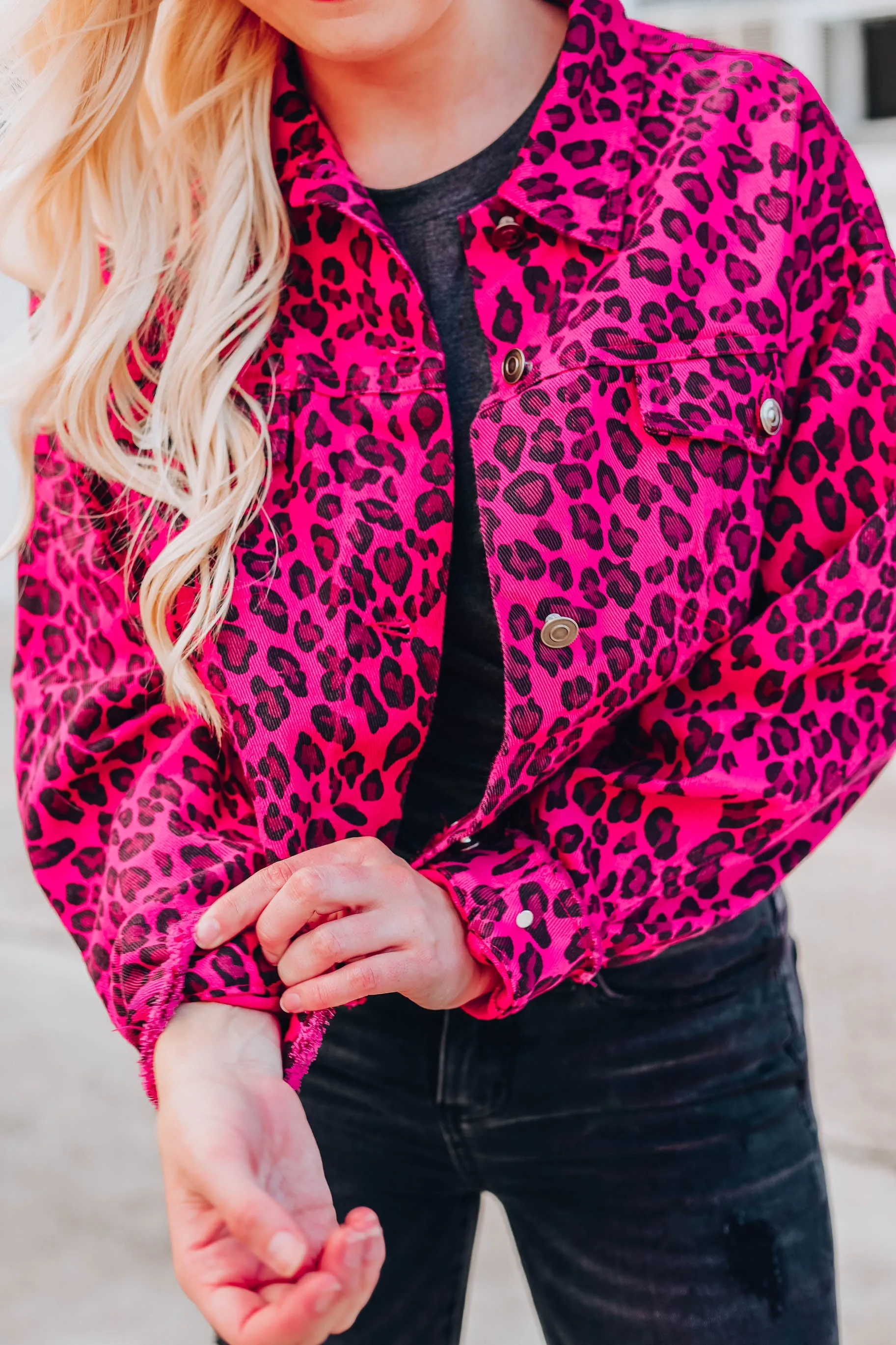 Instinctively Leopard Crop Denim Jacket - Pink