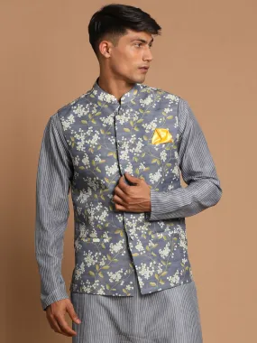 Jashvi Men's Gray Floral Print Nehru Jacket