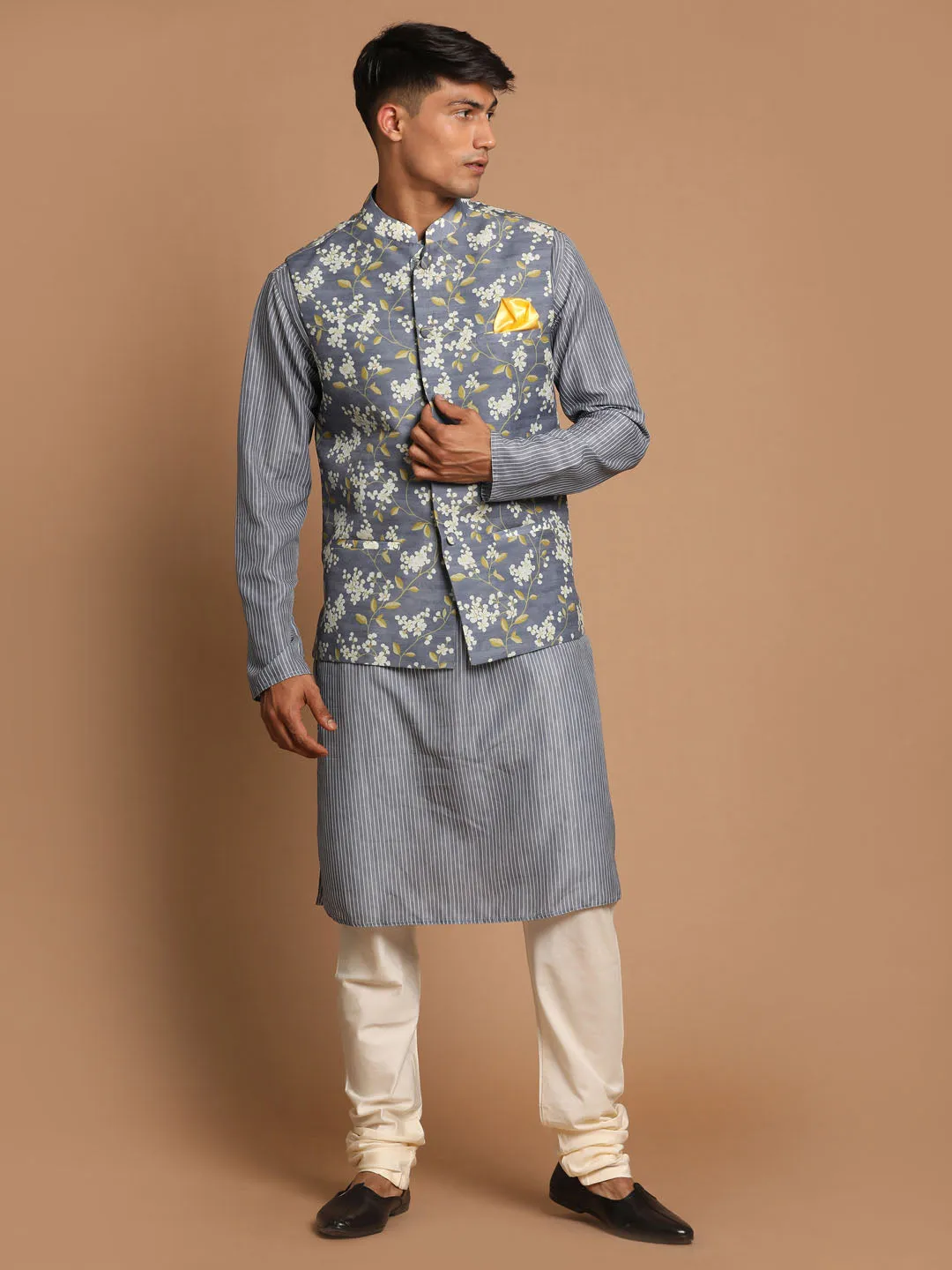 Jashvi Men's Gray Floral Print Nehru Jacket