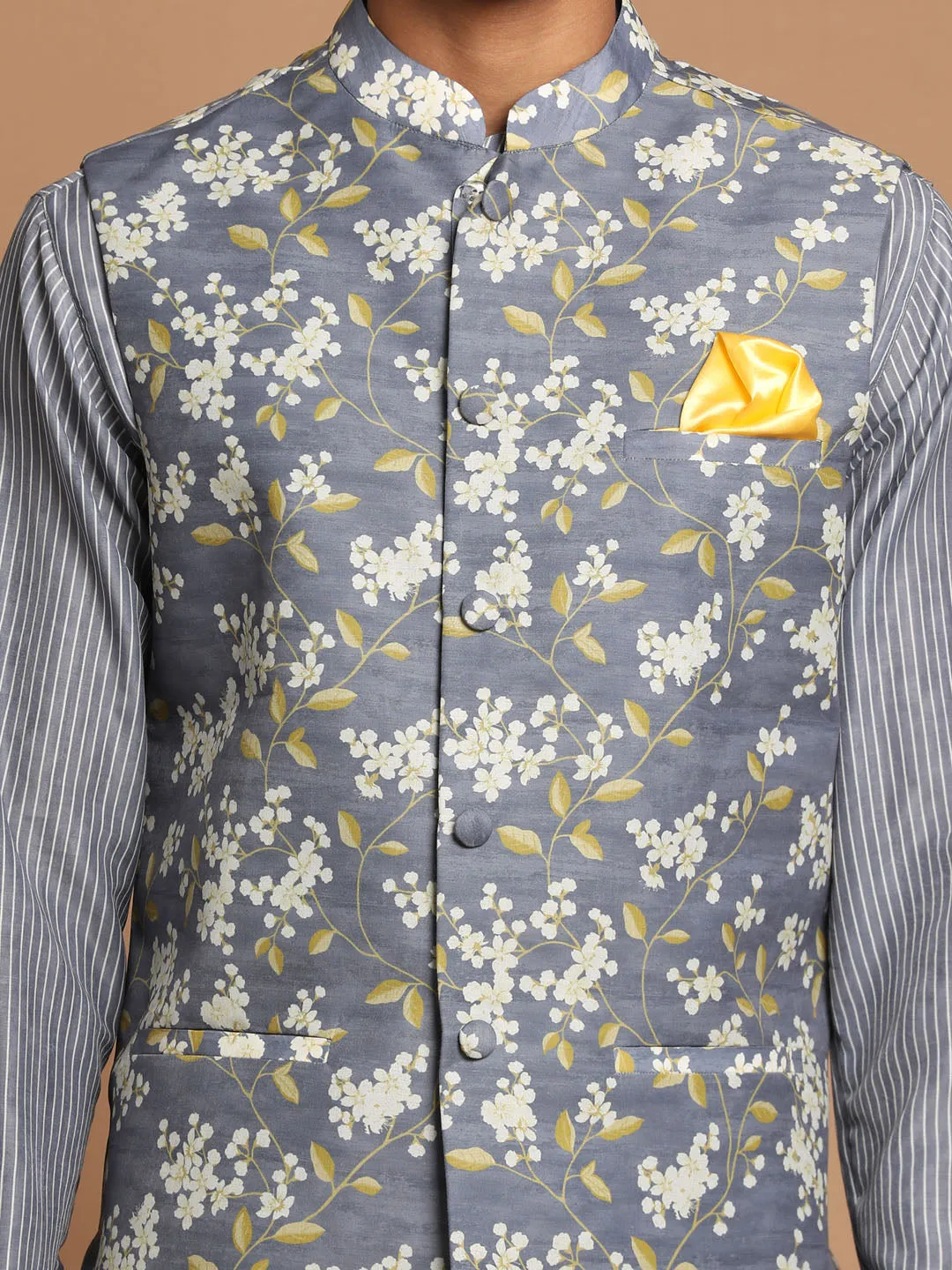 Jashvi Men's Gray Floral Print Nehru Jacket