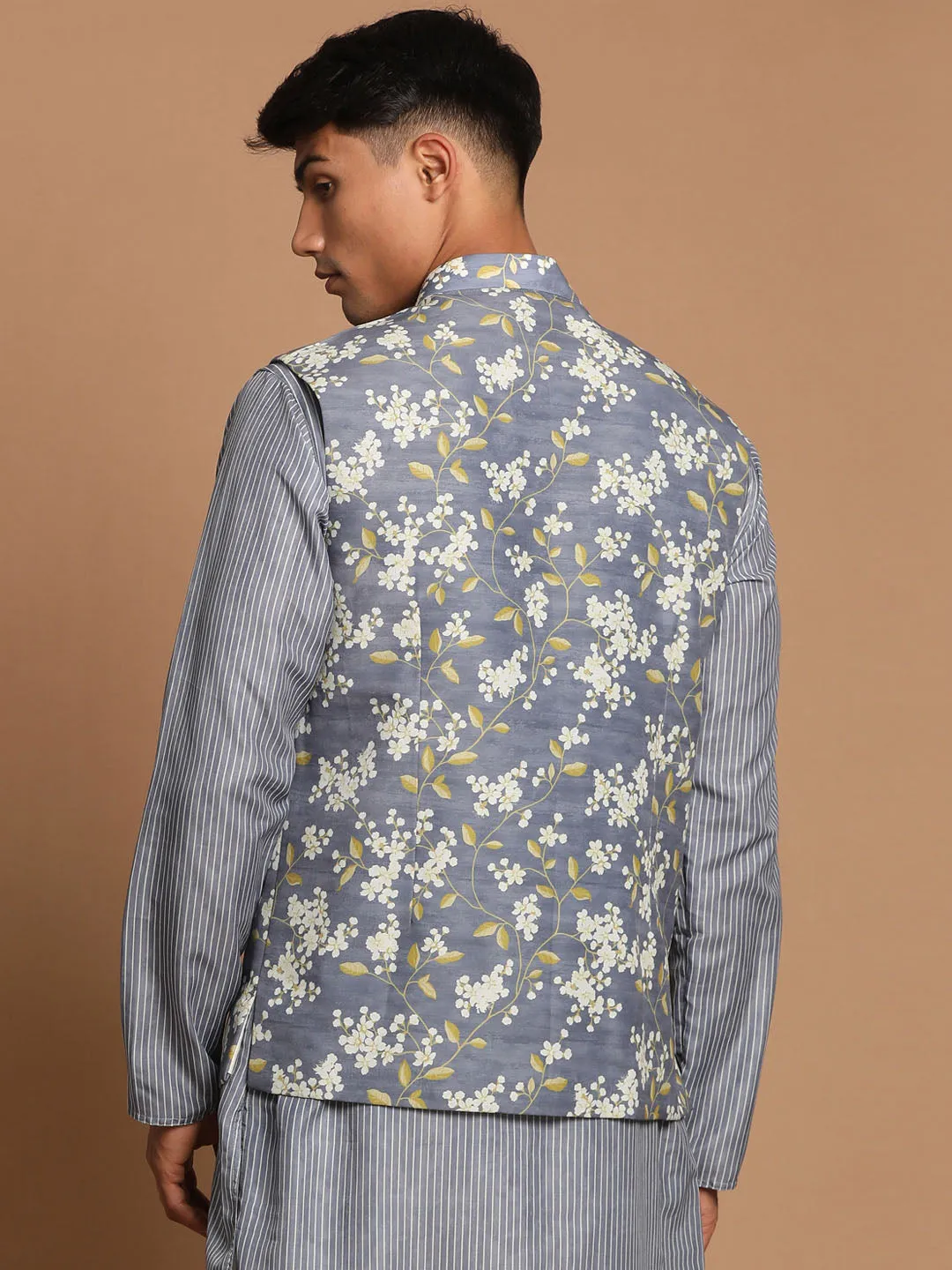 Jashvi Men's Gray Floral Print Nehru Jacket