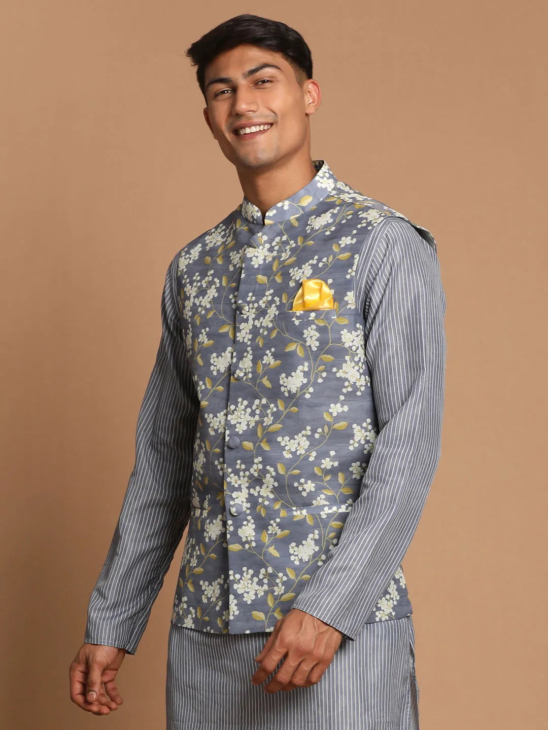 Jashvi Men's Gray Floral Print Nehru Jacket