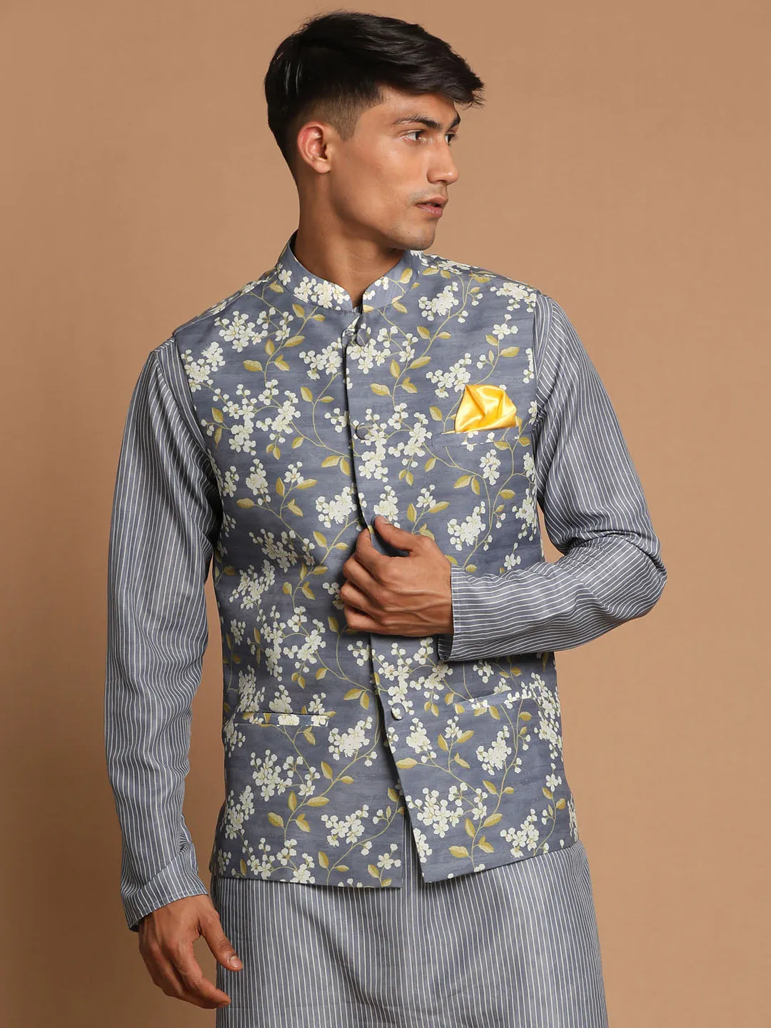 Jashvi Men's Gray Floral Print Nehru Jacket