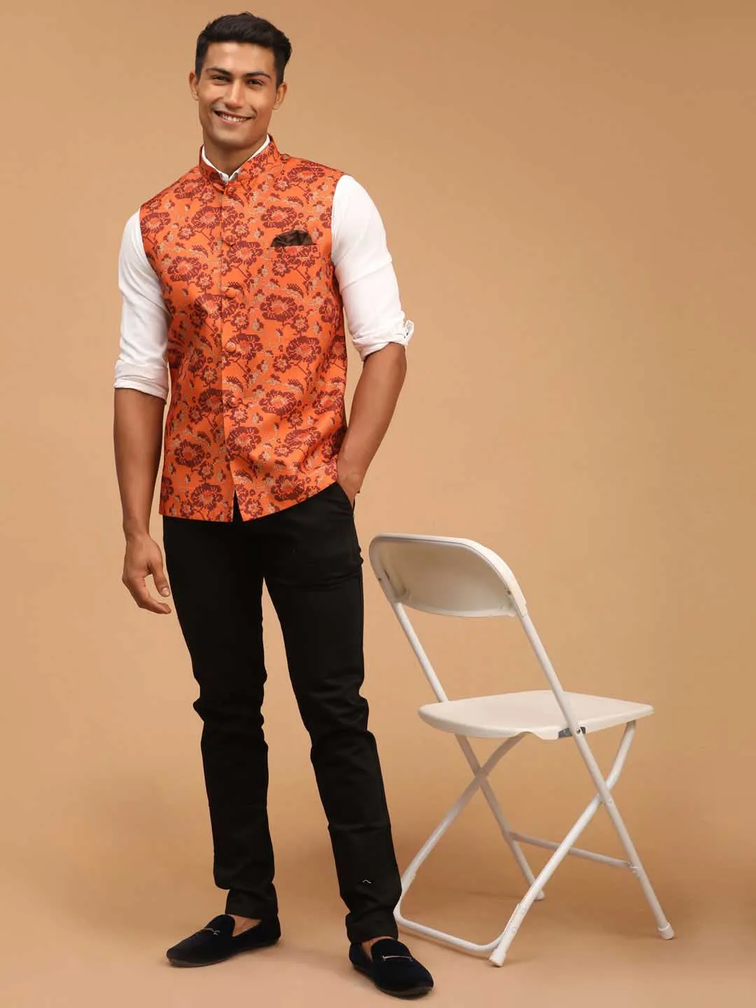 Jashvi Men's Rust Printed Nehru Jacket