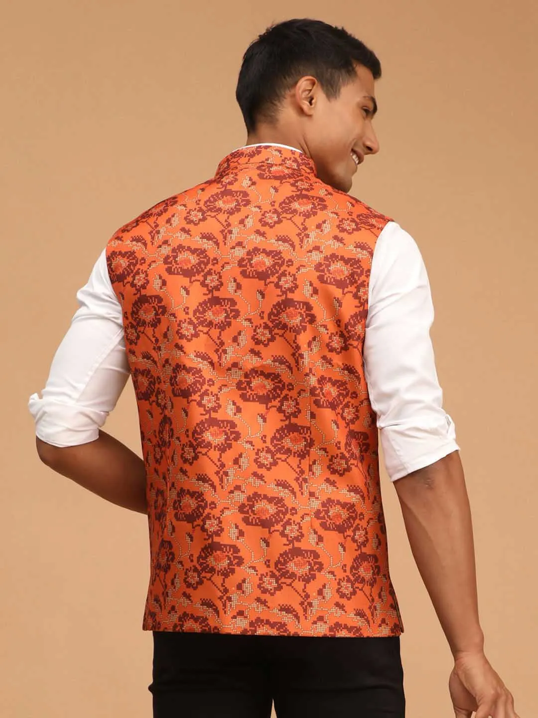 Jashvi Men's Rust Printed Nehru Jacket