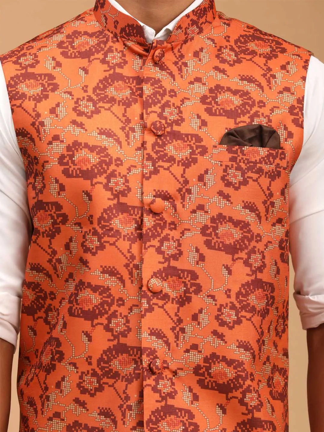 Jashvi Men's Rust Printed Nehru Jacket