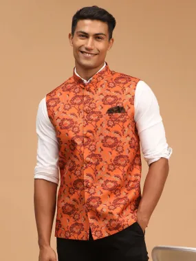 Jashvi Men's Rust Printed Nehru Jacket