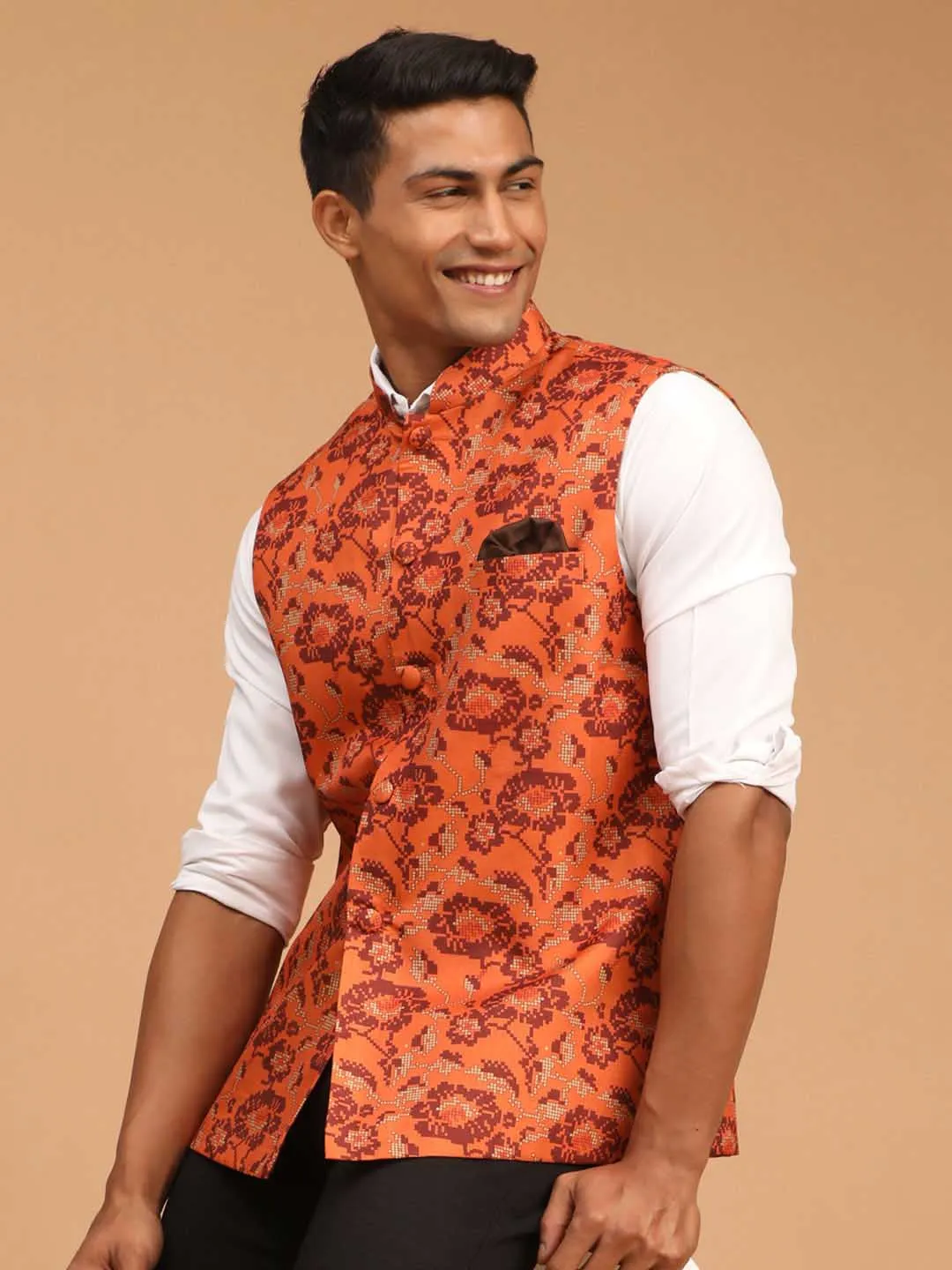 Jashvi Men's Rust Printed Nehru Jacket