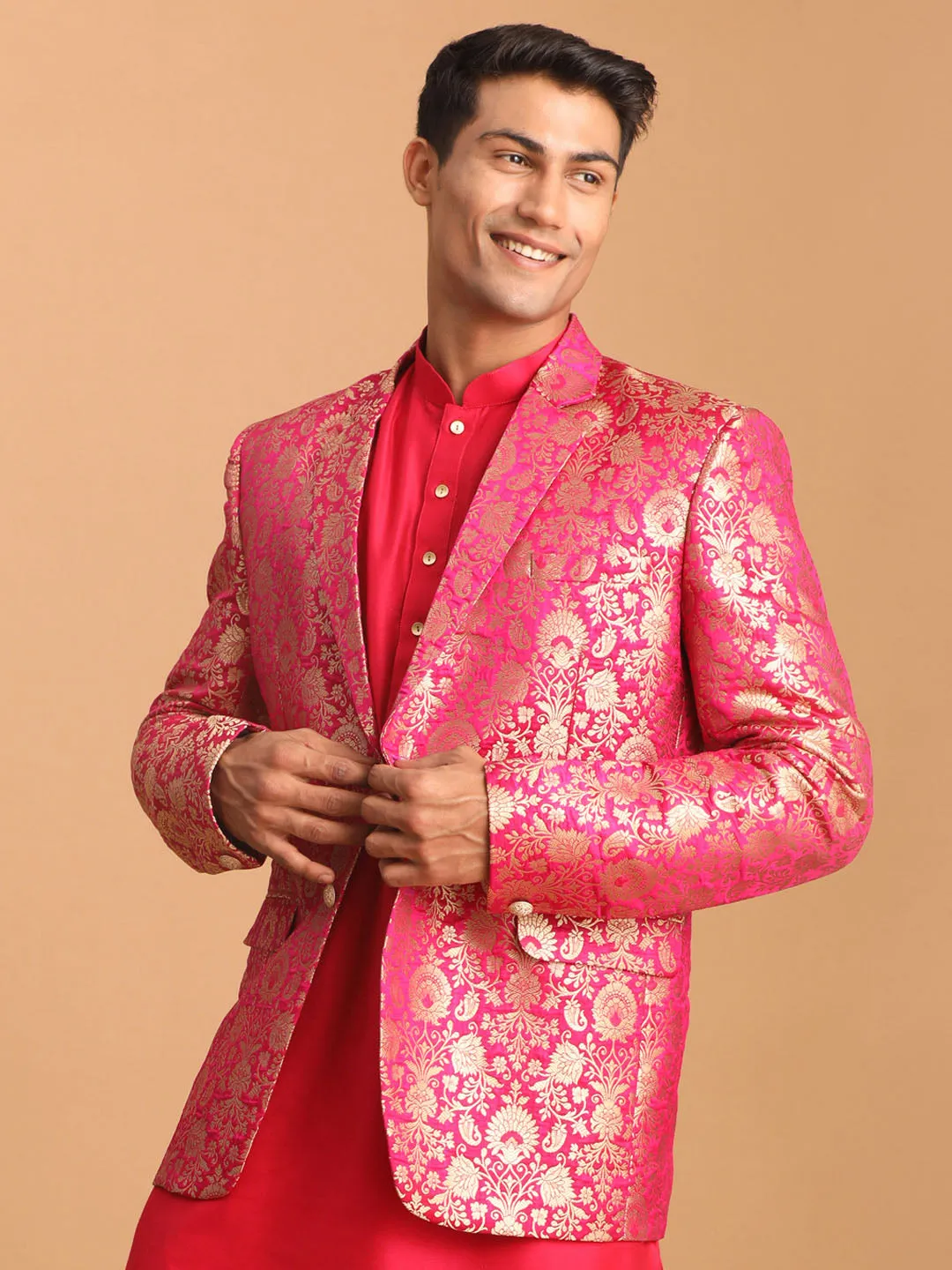 Jashvi Men's Valentino Pink Jacquard Silk Blend Blend Blazer