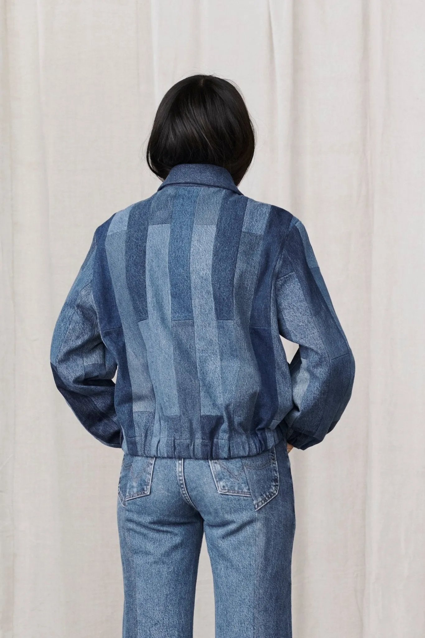 Kara Bomber Jacket Tessellated Denim Patchwork