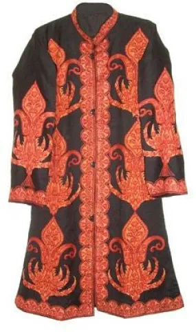 Kashmiri Woolen Coat Black, Rust Embroidery #AO-110