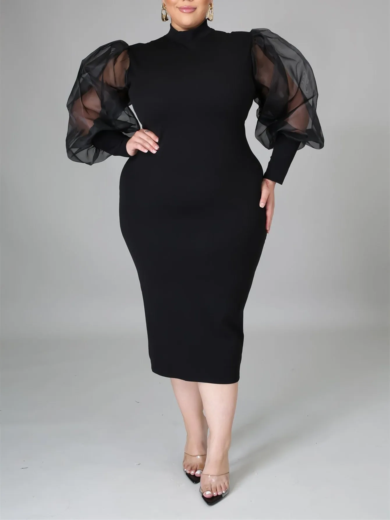 KittenAlarm - Fashion Puff Sleeve Plus Size Party Midi Dress