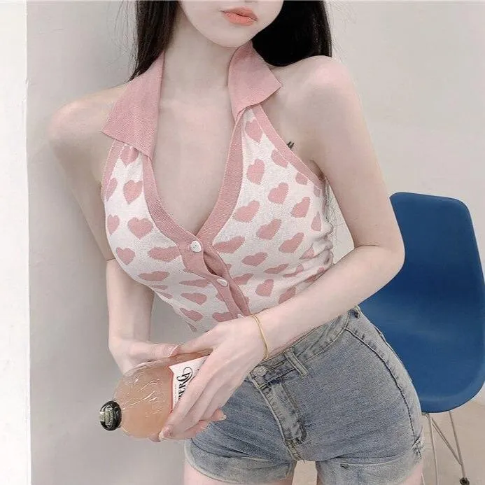 Knitted Sleeveless Heart Print Tank Top Halter Neck Women Backless Cardigan Sexy Small Vest Kawaii Harajuku Cute Sweet