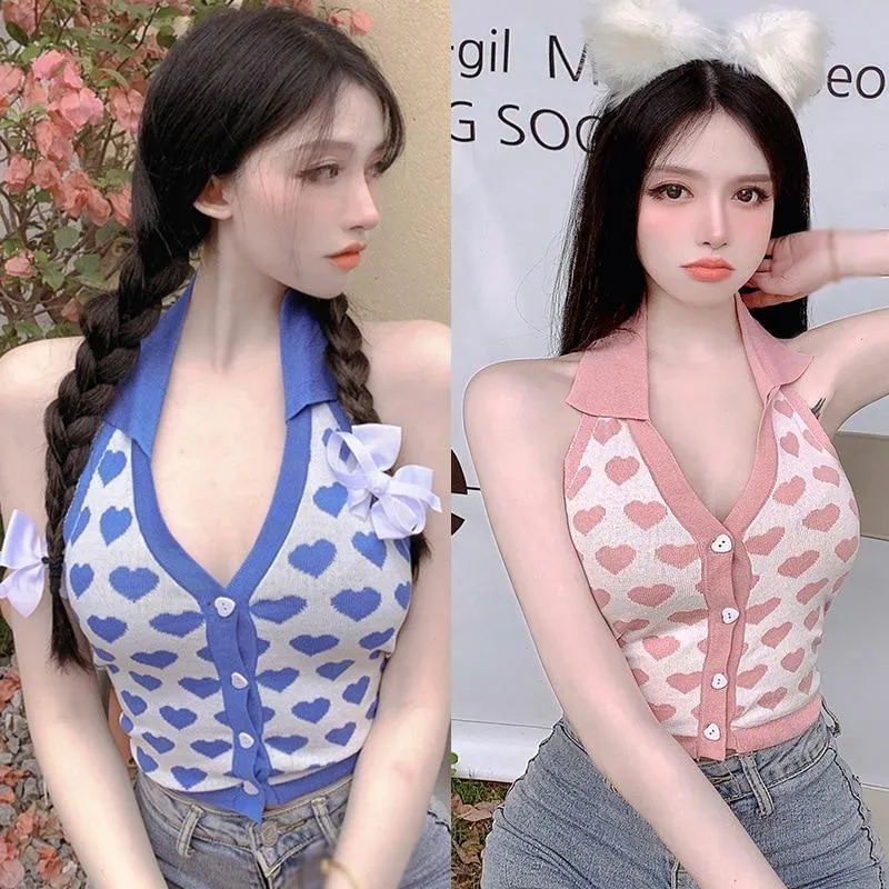 Knitted Sleeveless Heart Print Tank Top Halter Neck Women Backless Cardigan Sexy Small Vest Kawaii Harajuku Cute Sweet