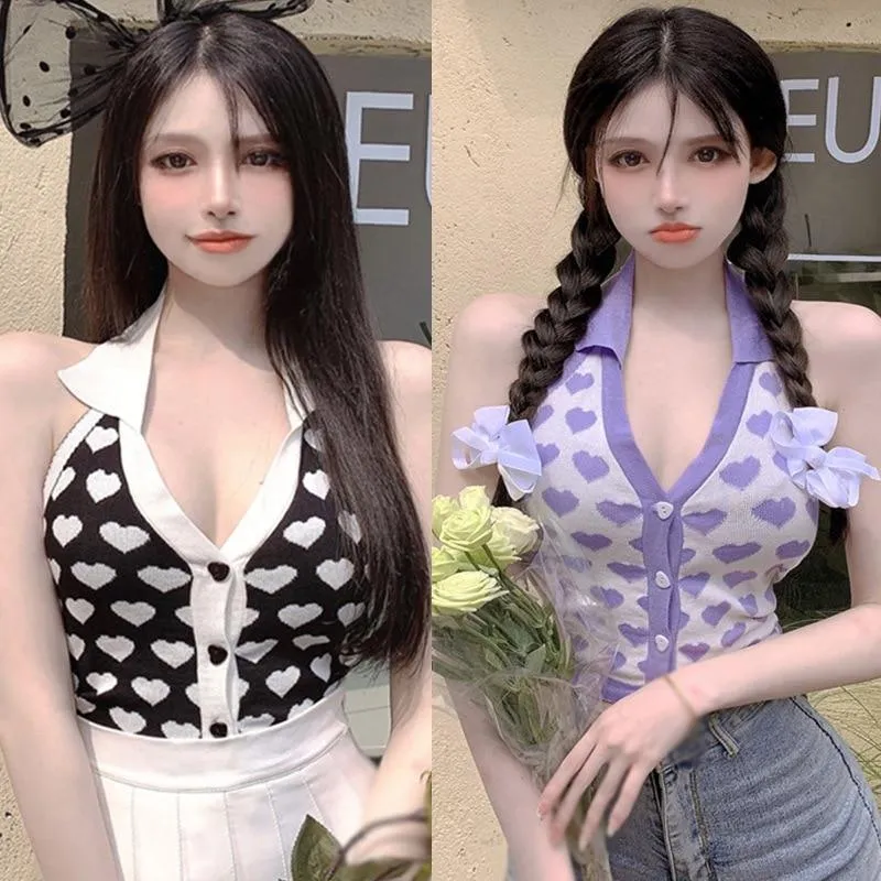 Knitted Sleeveless Heart Print Tank Top Halter Neck Women Backless Cardigan Sexy Small Vest Kawaii Harajuku Cute Sweet