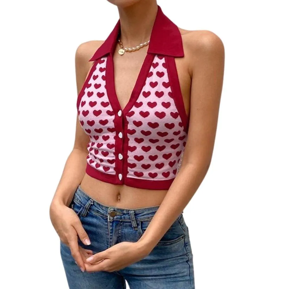 Knitted Sleeveless Heart Print Tank Top Halter Neck Women Backless Cardigan Sexy Small Vest Kawaii Harajuku Cute Sweet