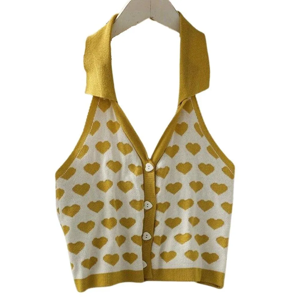 Knitted Sleeveless Heart Print Tank Top Halter Neck Women Backless Cardigan Sexy Small Vest Kawaii Harajuku Cute Sweet