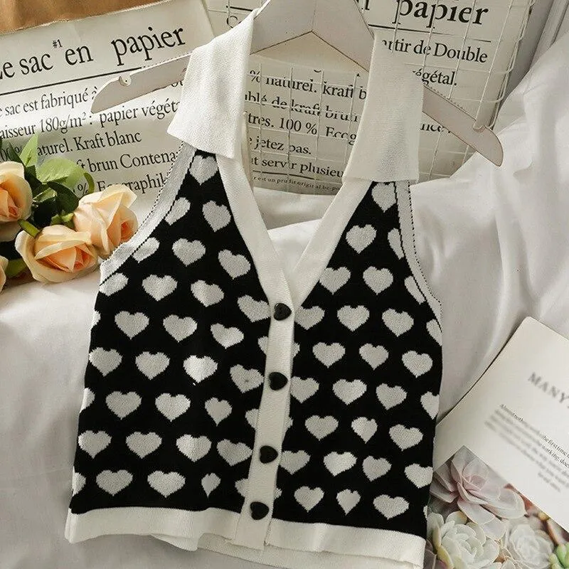 Knitted Sleeveless Heart Print Tank Top Halter Neck Women Backless Cardigan Sexy Small Vest Kawaii Harajuku Cute Sweet