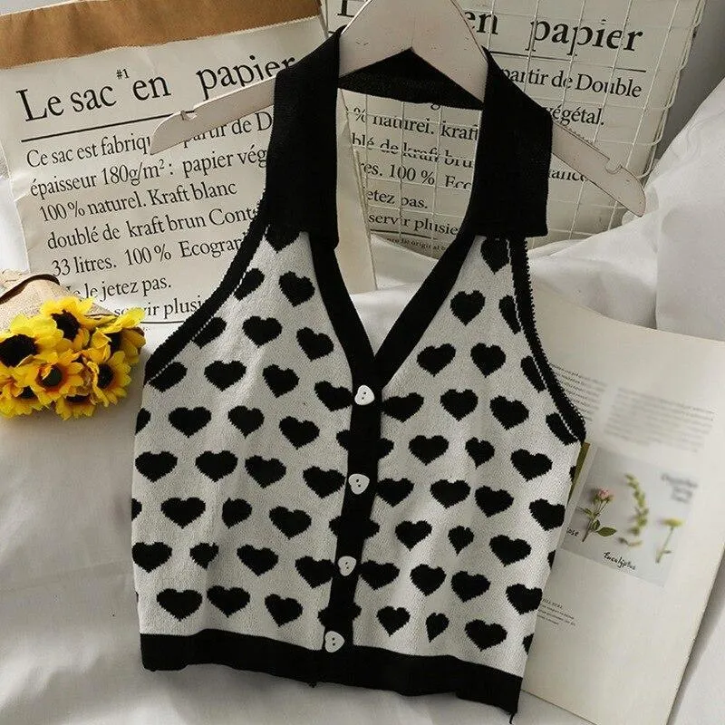 Knitted Sleeveless Heart Print Tank Top Halter Neck Women Backless Cardigan Sexy Small Vest Kawaii Harajuku Cute Sweet