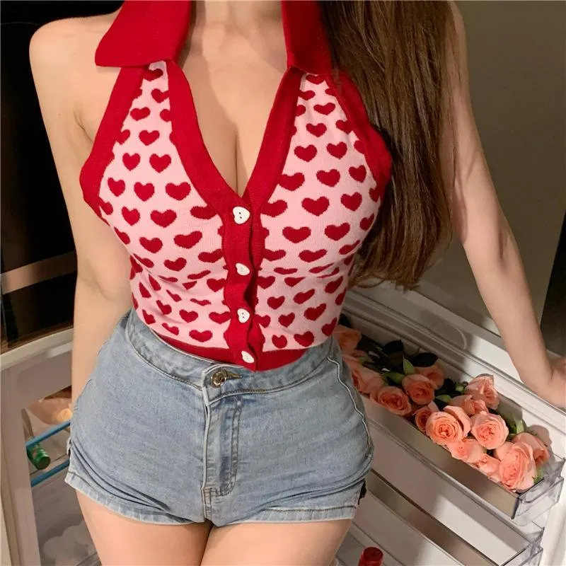 Knitted Sleeveless Heart Print Tank Top Halter Neck Women Backless Cardigan Sexy Small Vest Kawaii Harajuku Cute Sweet