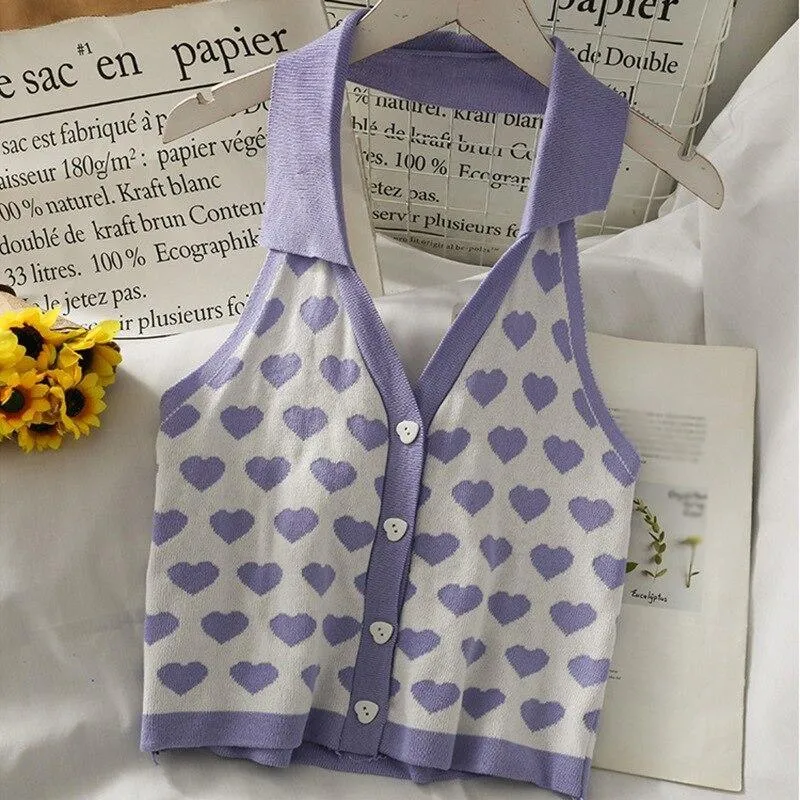 Knitted Sleeveless Heart Print Tank Top Halter Neck Women Backless Cardigan Sexy Small Vest Kawaii Harajuku Cute Sweet