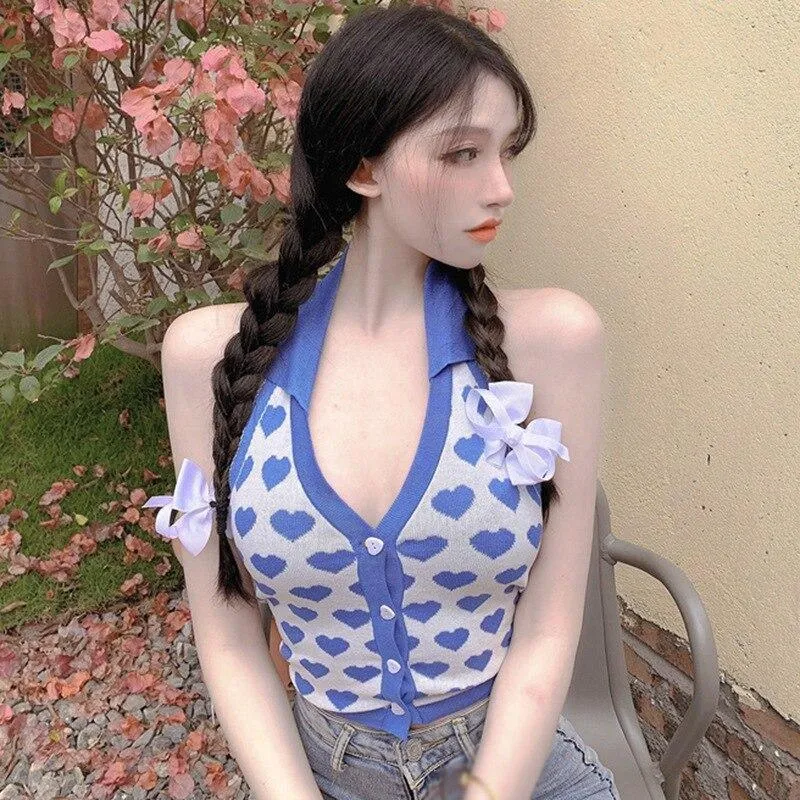 Knitted Sleeveless Heart Print Tank Top Halter Neck Women Backless Cardigan Sexy Small Vest Kawaii Harajuku Cute Sweet