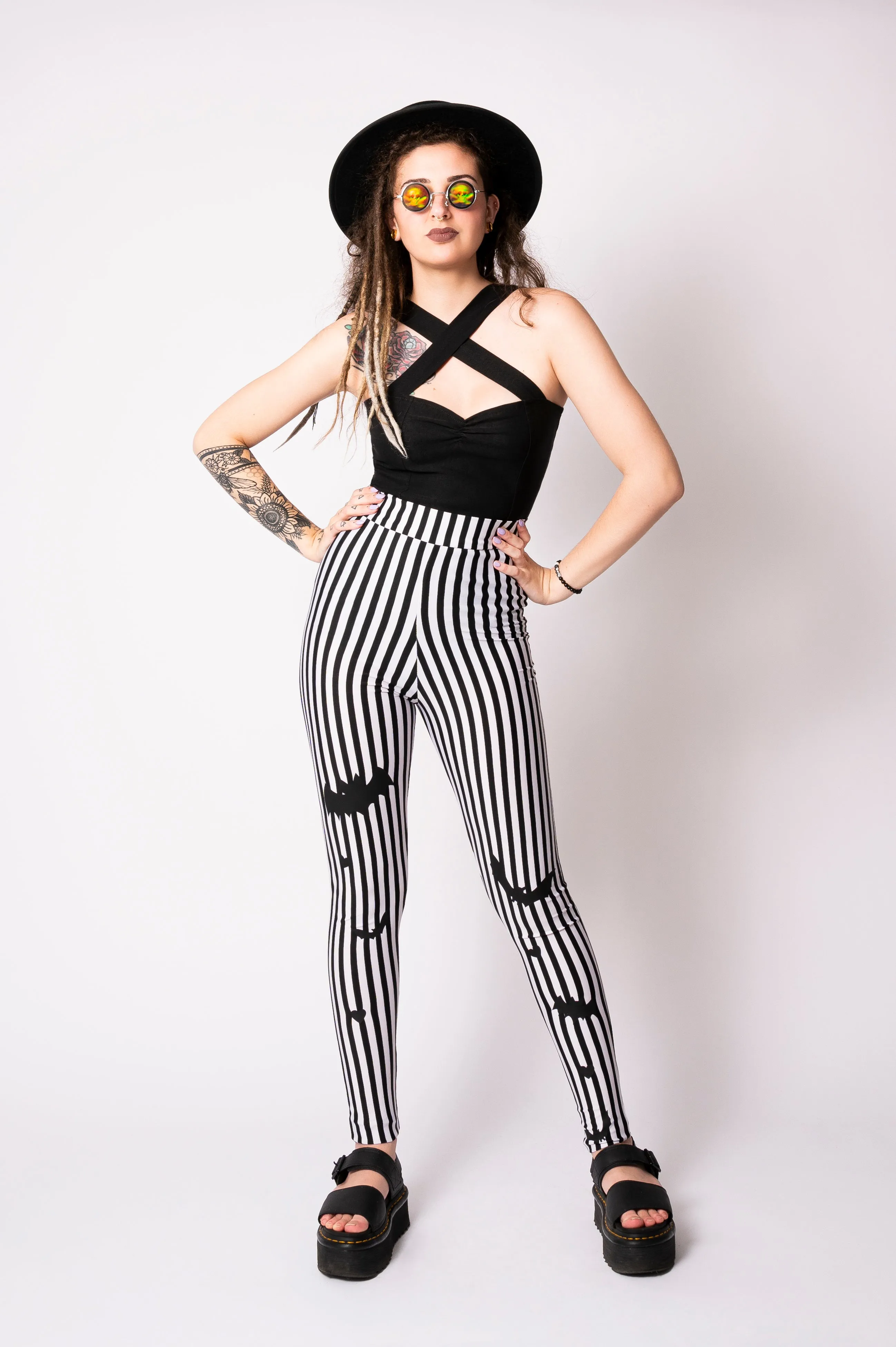 Leggings - Sweet Sweet Bat black/white stripes