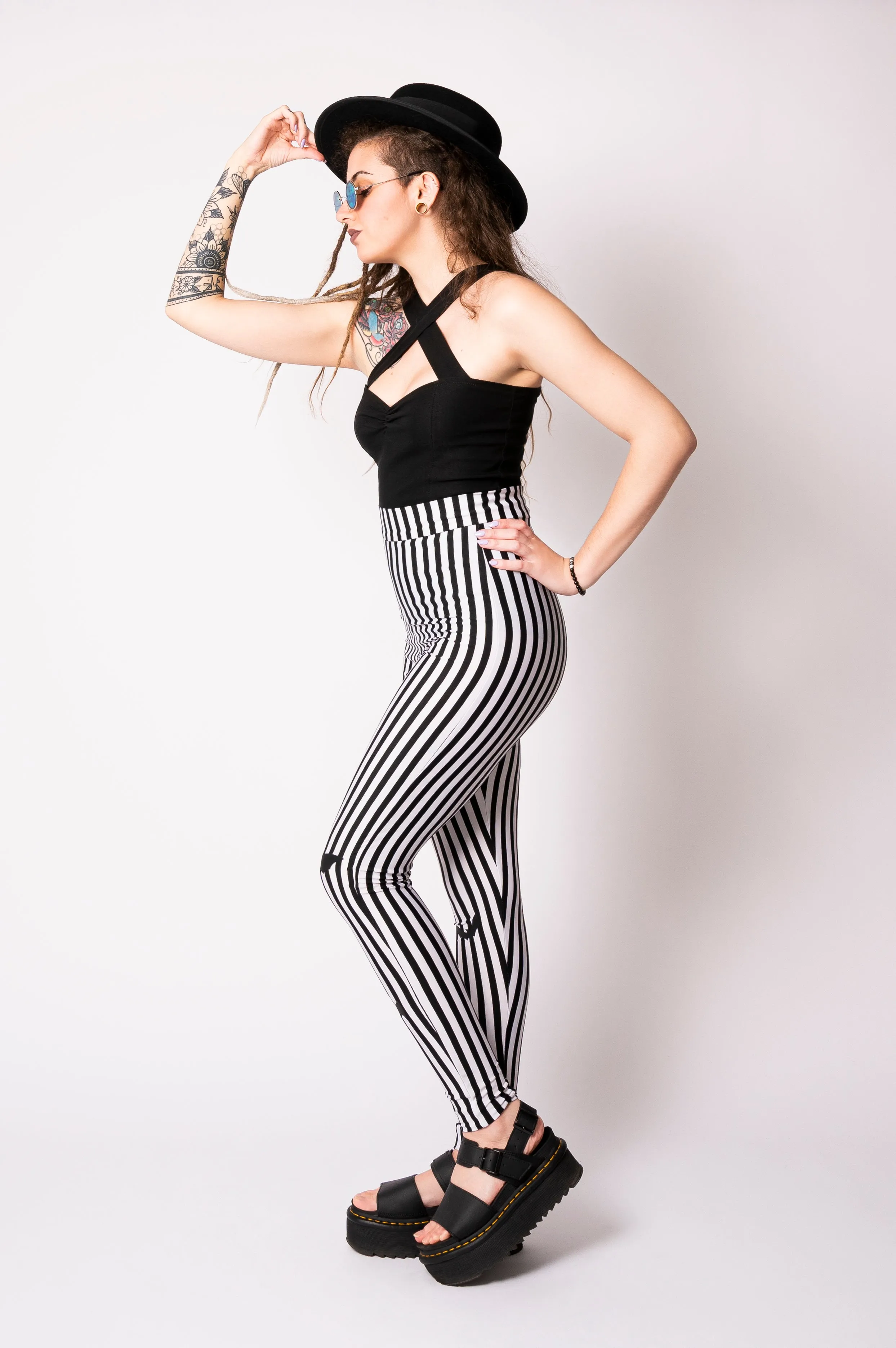 Leggings - Sweet Sweet Bat black/white stripes