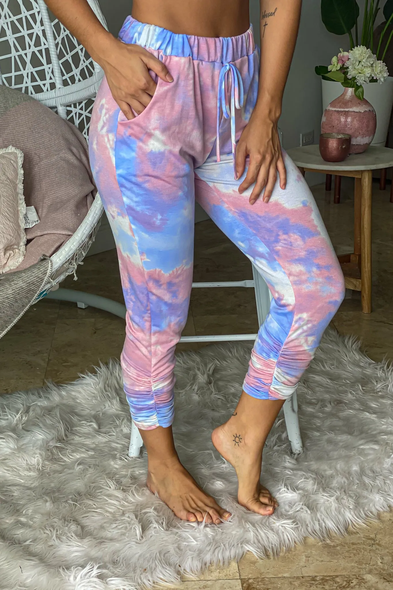 Lilac Tie Dye Joggers With Ruched Hem