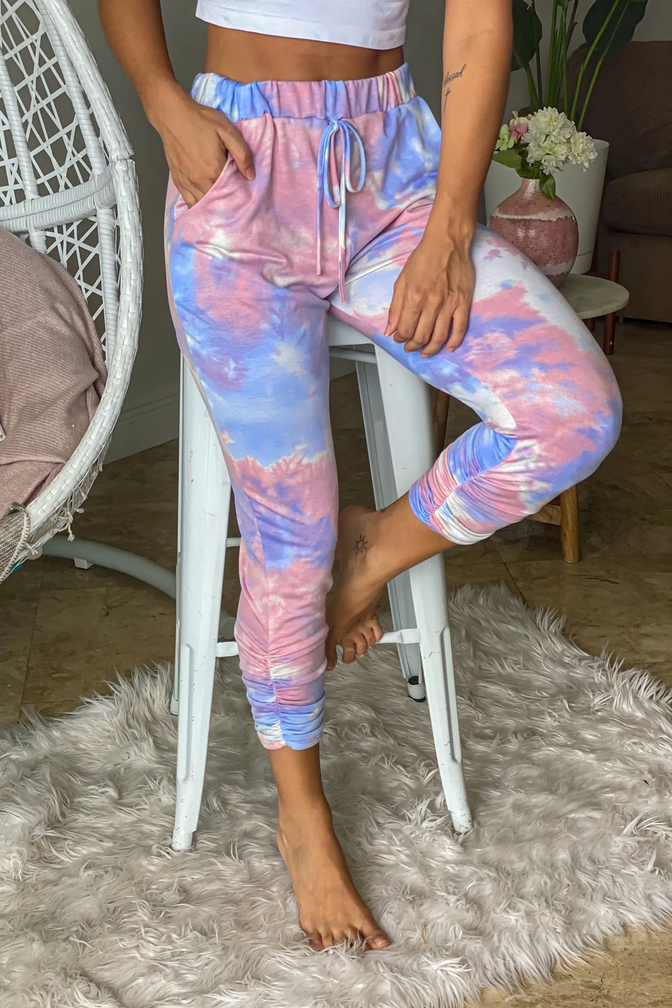 Lilac Tie Dye Joggers With Ruched Hem