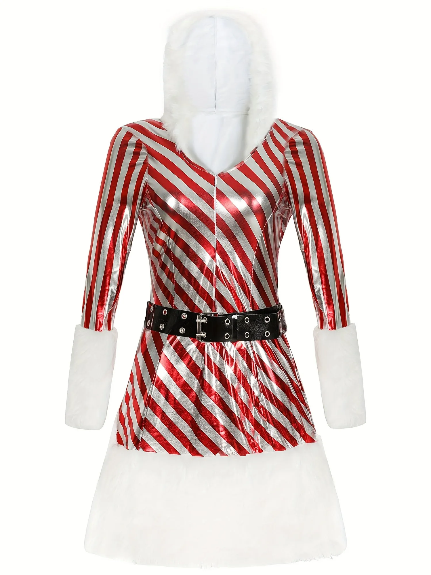 Long Sleeve Women's Christmas Mini Dress Set: Hooded Striped Patchwork Dress   Belt   Leg Warmers